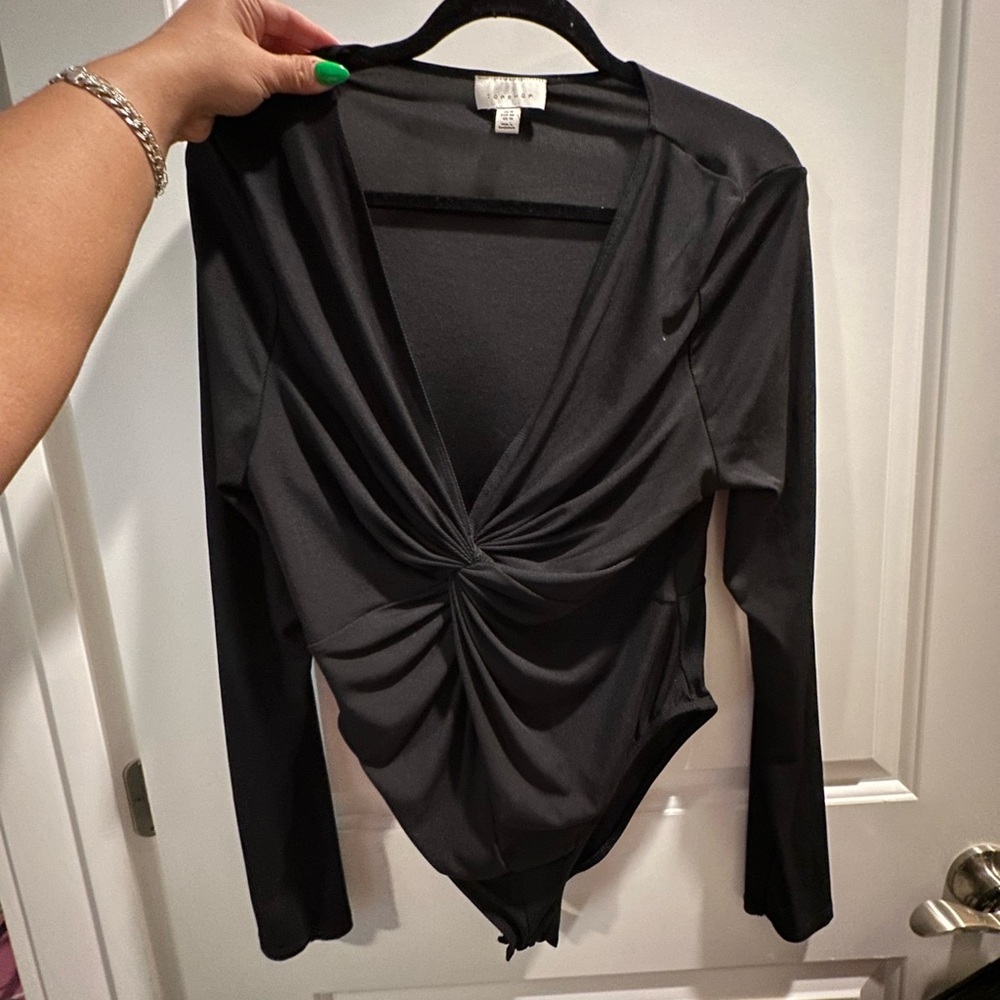 Topshop Deep V Black Long Sleeve Bodysuit